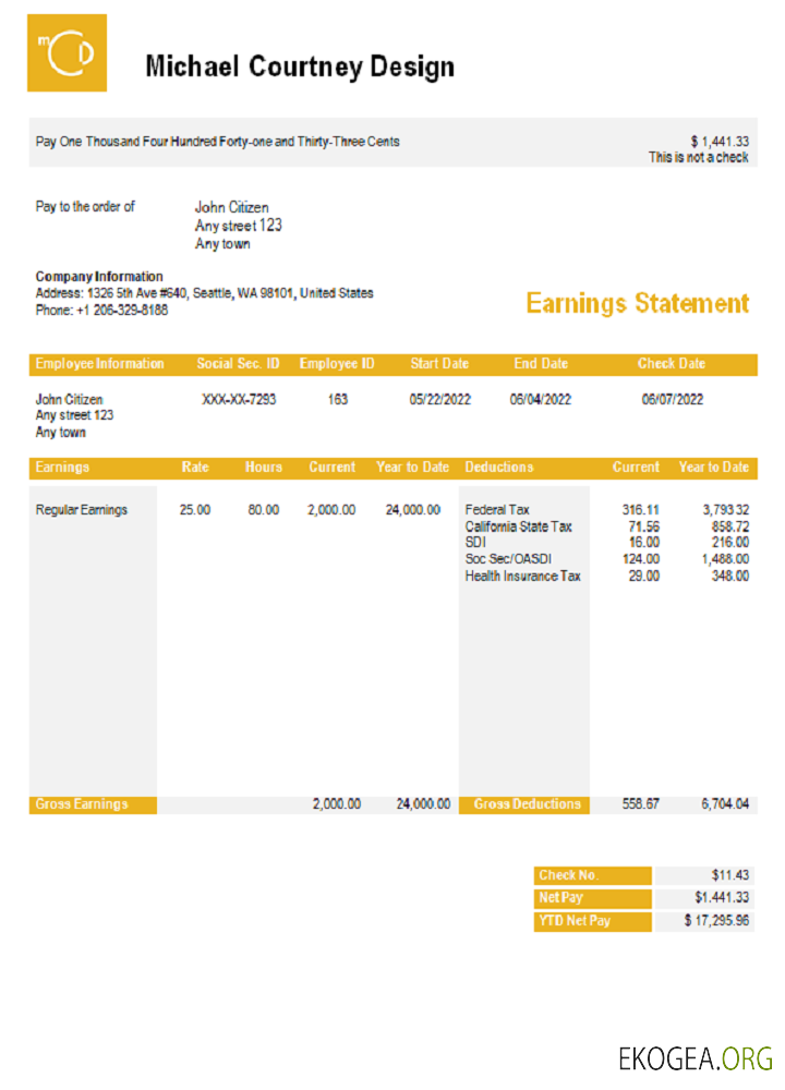 États Unis Michael Courtney Design, entreprise graphique, bulletin de paie